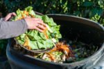 Hand schichtet Schale mit Essensresten auf Kompost